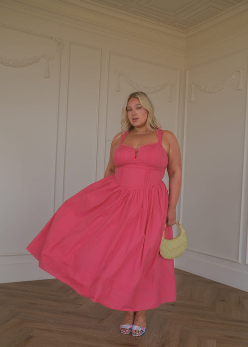 Lottie Basque Waist Midi Dress - Coral