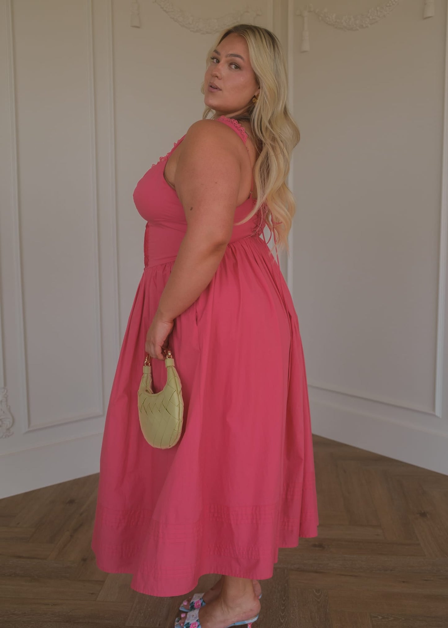 Lottie Basque Waist Midi Dress - Coral