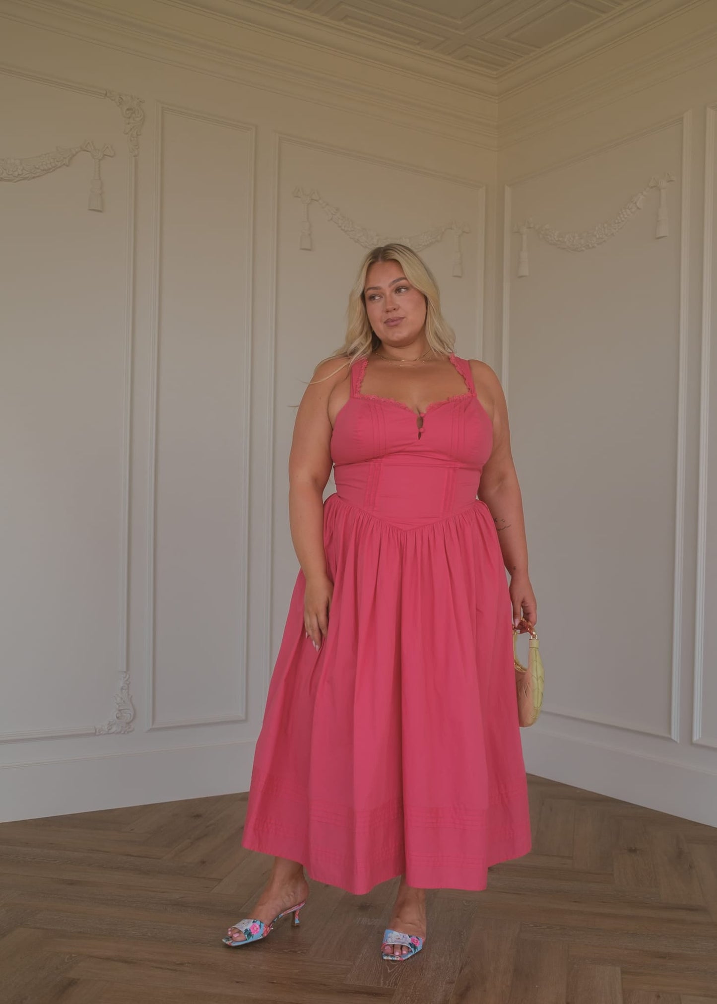 Lottie Basque Waist Midi Dress - Coral