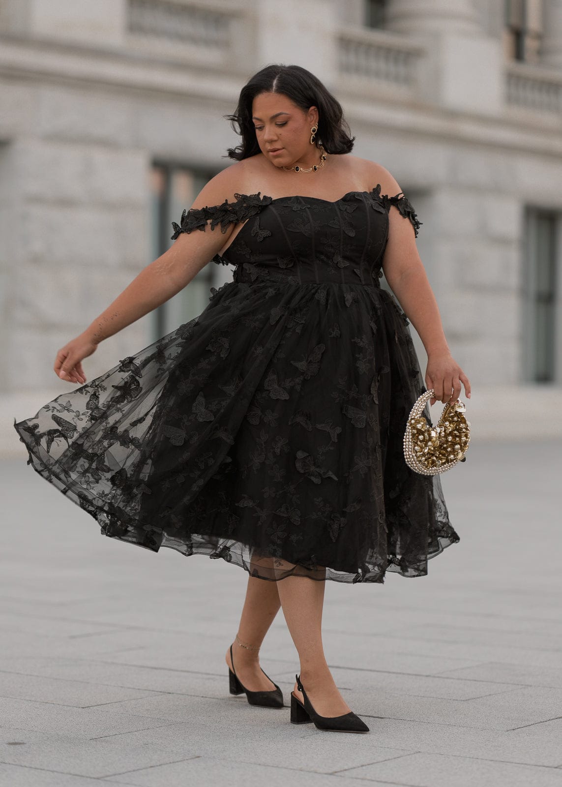 Mariposa Butterfly Corset Midi Dress - Black