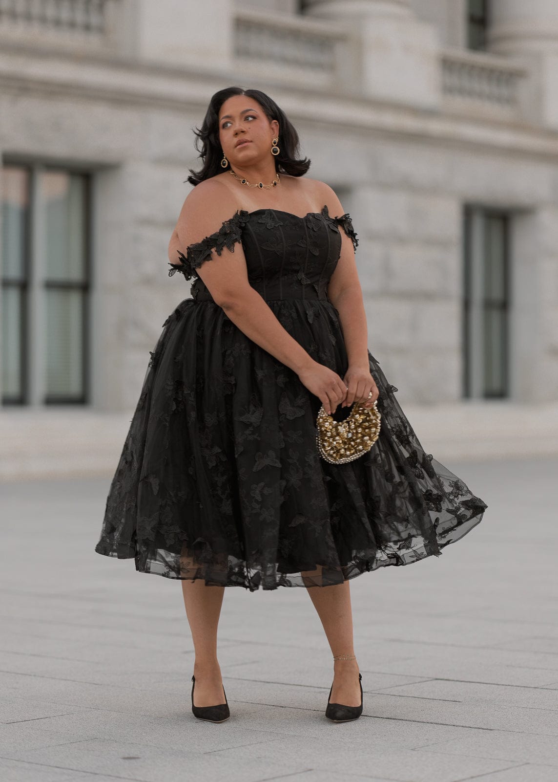 Mariposa Butterfly Corset Midi Dress - Black