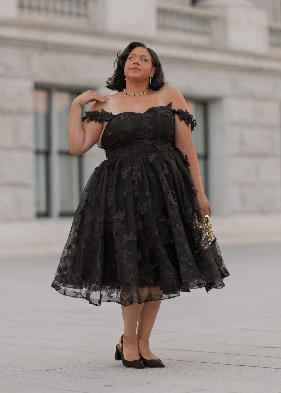 Mariposa Butterfly Corset Midi Dress - Black