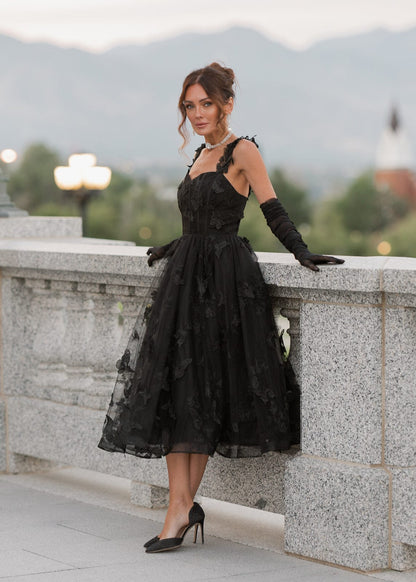 Mariposa Butterfly Corset Midi Dress - Black