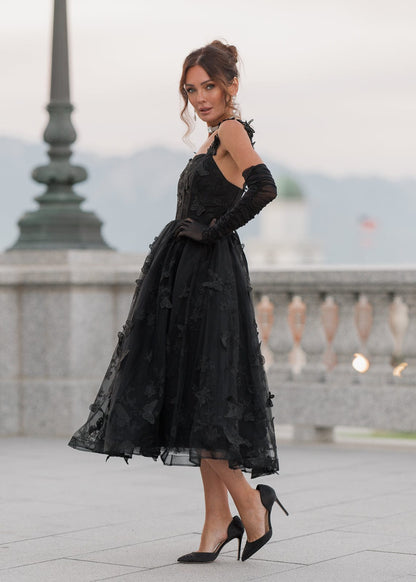 Mariposa Butterfly Corset Midi Dress - Black