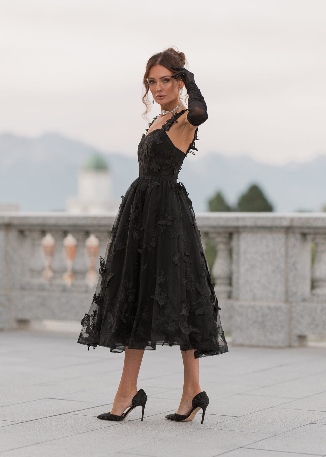 Mariposa Butterfly Corset Midi Dress - Black