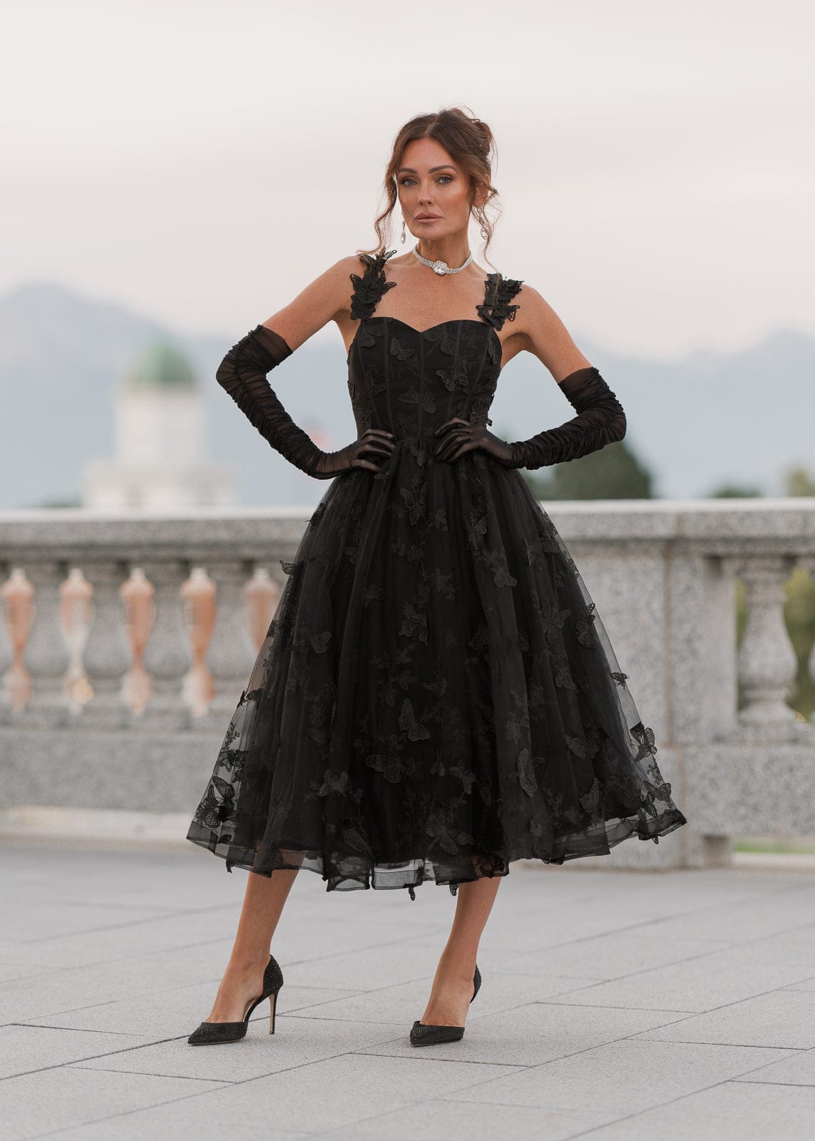 Mariposa Butterfly Corset Midi Dress - Black