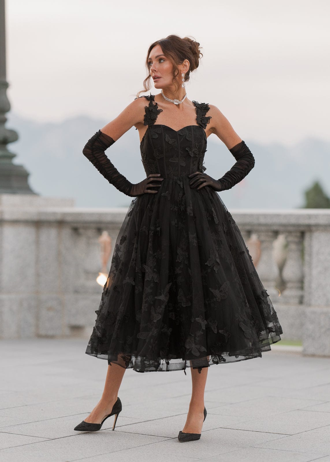 Mariposa Butterfly Corset Midi Dress - Black