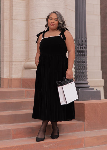 Mary Velvet Pearl Trim Bow Detail Midi Dress - Black