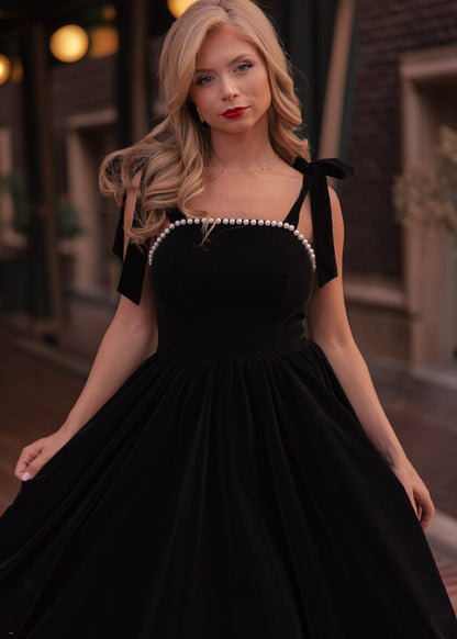 Mary Velvet Pearl Trim Bow Detail Midi Dress - Black