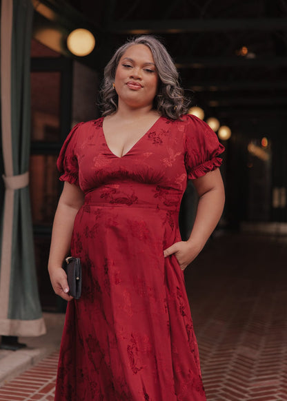 Mila Puff Sleeve Jacquard Floral Satin V-Neck Midi Dress - Burgundy