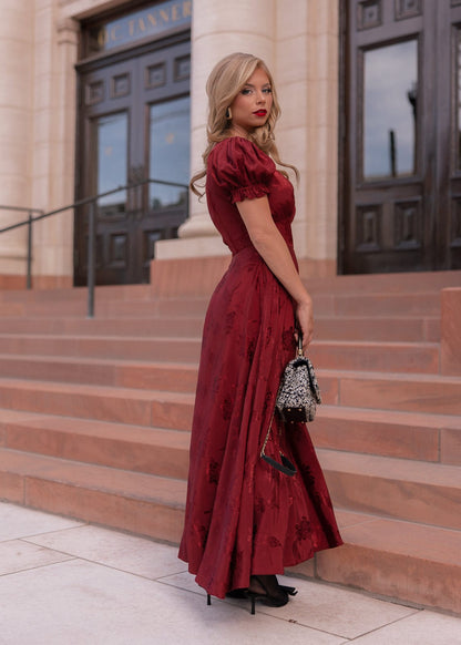 Mila Puff Sleeve Jacquard Floral Satin V-Neck Midi Dress - Burgundy