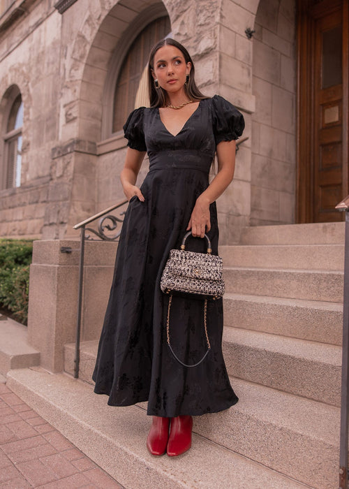 Mila Puff Sleeve Jacquard Floral Satin V-Neck Midi Dress - Black