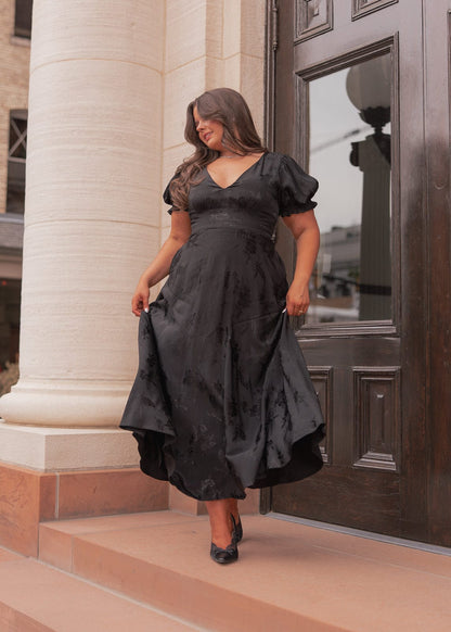 Mila Puff Sleeve Jacquard Floral Satin V-Neck Midi Dress - Black