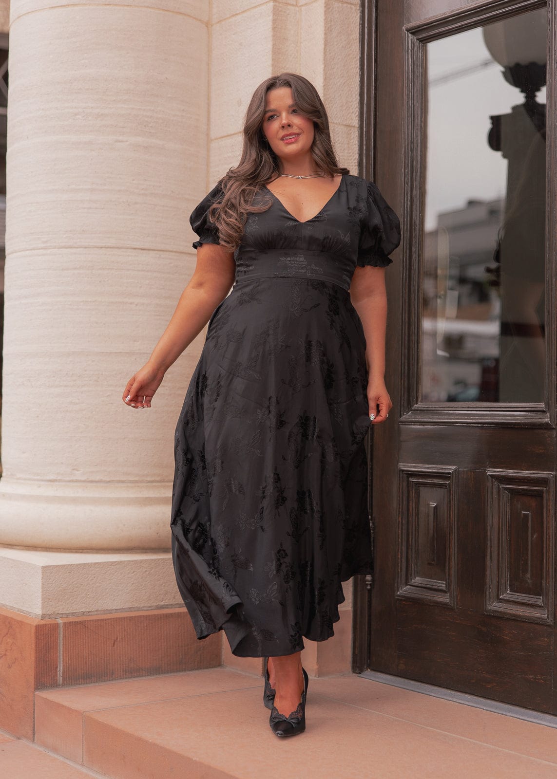 Mila Puff Sleeve Jacquard Floral Satin V-Neck Midi Dress - Black
