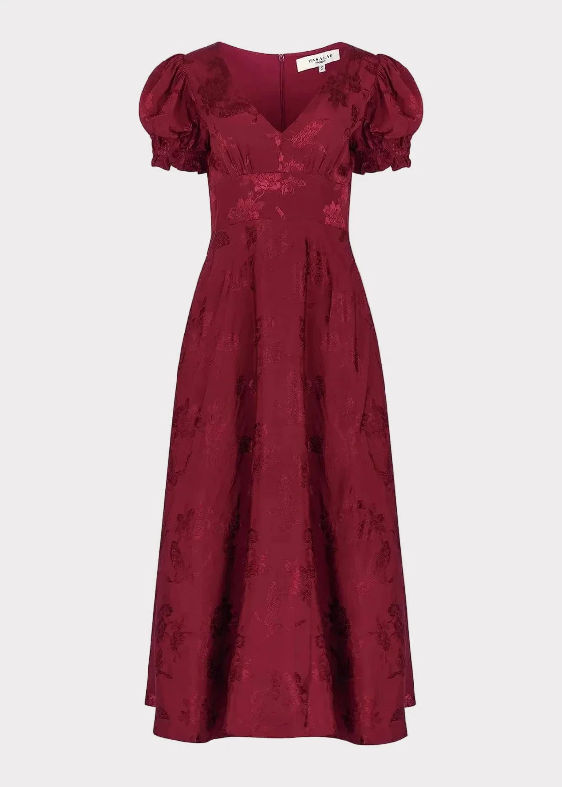 Mila Puff Sleeve Jacquard Floral Satin V-Neck Midi Dress - Burgundy