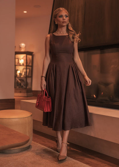 Miranda Midi Drop Waist Cotton Dress - Brown