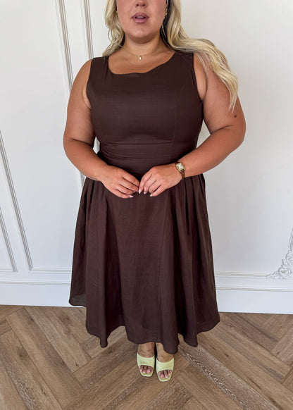 Miranda Midi Drop Waist Cotton Dress - Brown