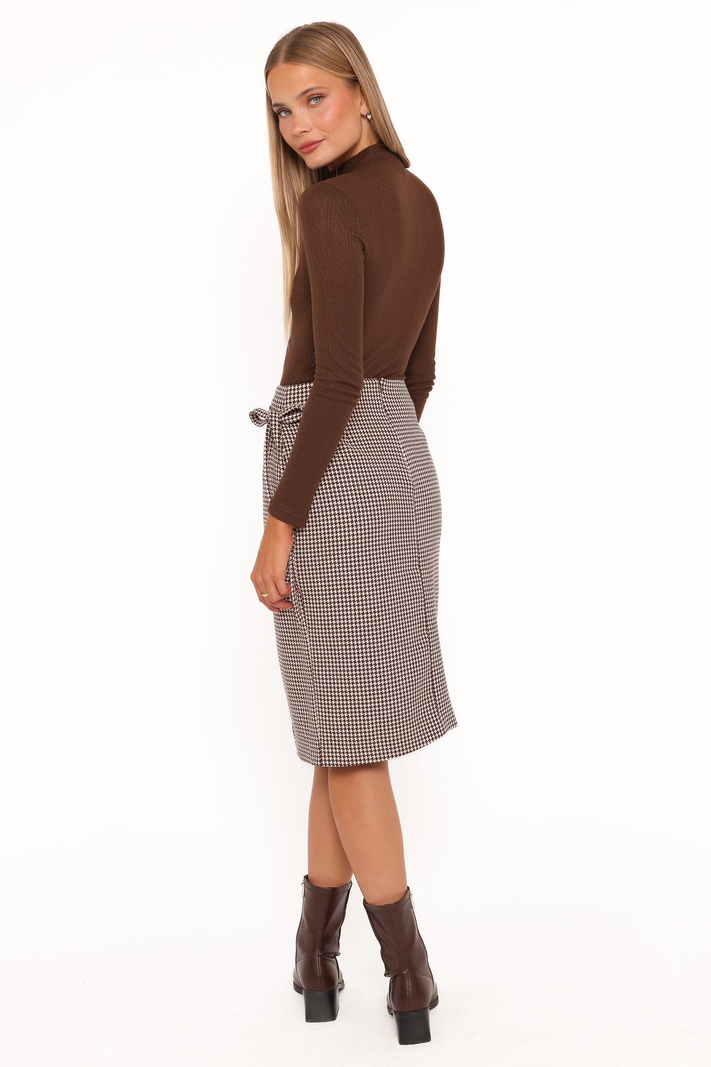Ariela Wrap Front Midi Skirt - Brown Houndstooth