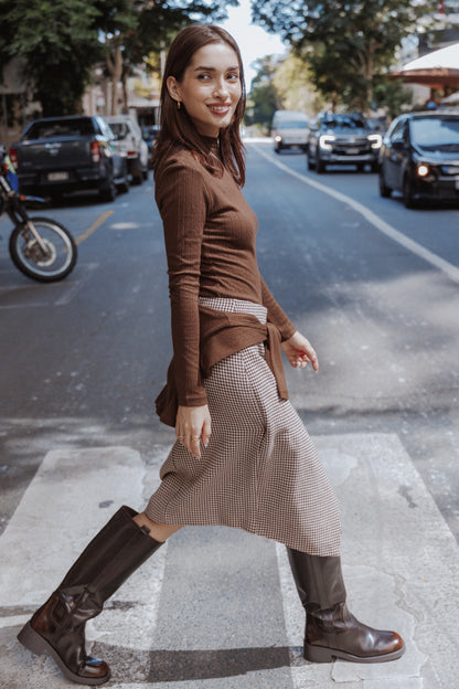 Ariela Wrap Front Midi Skirt - Brown Houndstooth