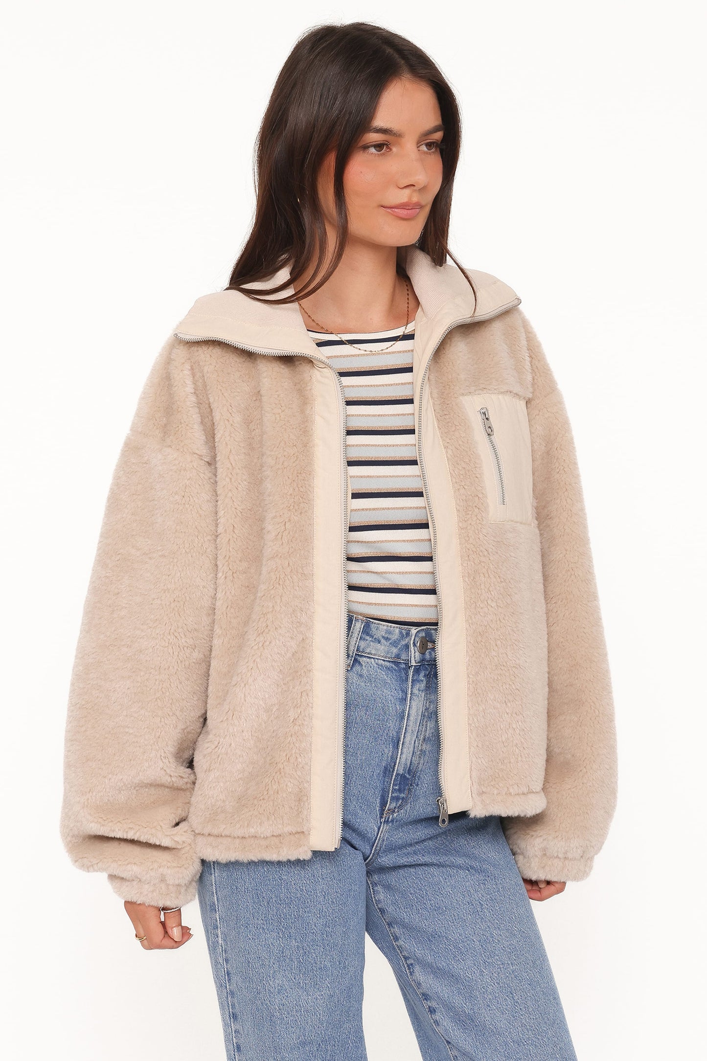 Branda Sherpa Zip Up Jacket - Beige