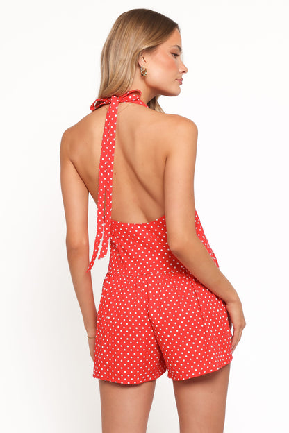 Briella Halter Neck Playsuit - Red White Polka Dot